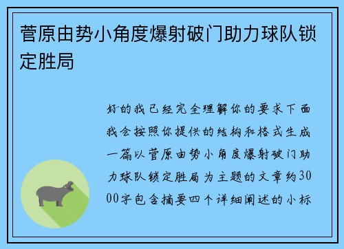 菅原由势小角度爆射破门助力球队锁定胜局 菅原由势小角度爆射破门助力球队锁定胜局